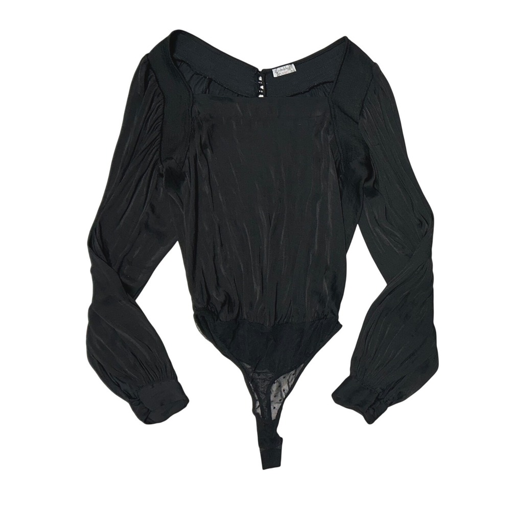 Free People Intimately Black Long Sleeve Bodysuit Square Neck Pleated XS